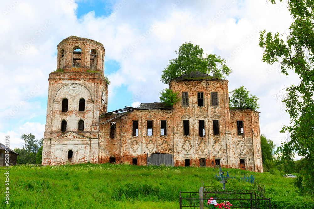 abandoned settlement and beautiful architecture of the abandoned ruins of the Orthodox Church in an abandoned village in Kostroma region