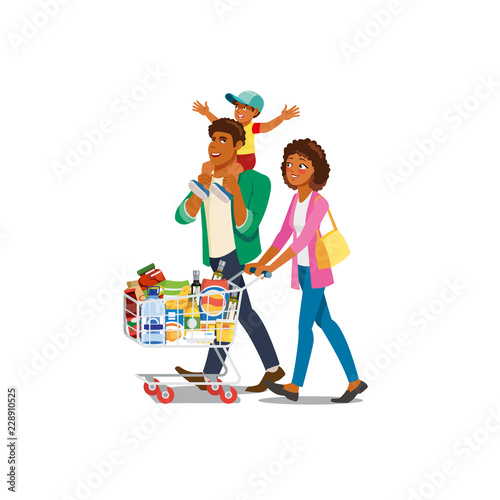 Family Shopping in Grocery Shop Cartoon Vector