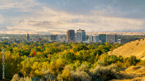 Fall colored trees make up the foreground of the skyline of Boise Idaho on a cloudy morning