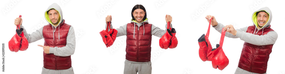 Man wearing boxing gloves isolated on white Man wearing boxing gloves isolated on white