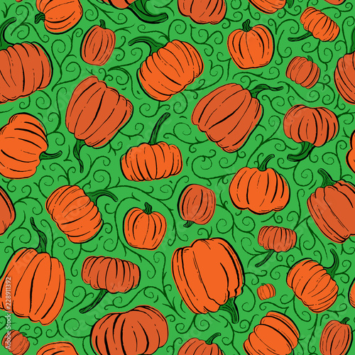 Seamless Vector Pretty Orange Hand Inked Pumpkins on Apple Green Background with Forest Green Vines