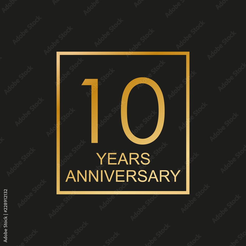 10 years anniversary logo. 10th anniversary celebration label. Design element or banner for birthday, invitation, wedding jubilee. Vector illustration.