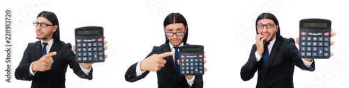 Man with calculator isolated on white