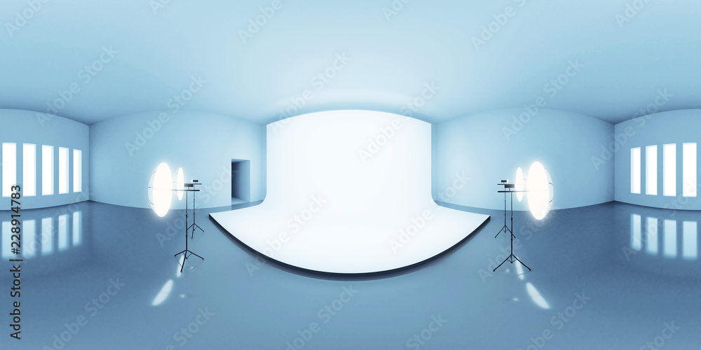 blue lit HDRI environment map, abstract spherical panorama background with photo studio setup (3d equirectangular render) - obrazy, fototapety, plakaty 