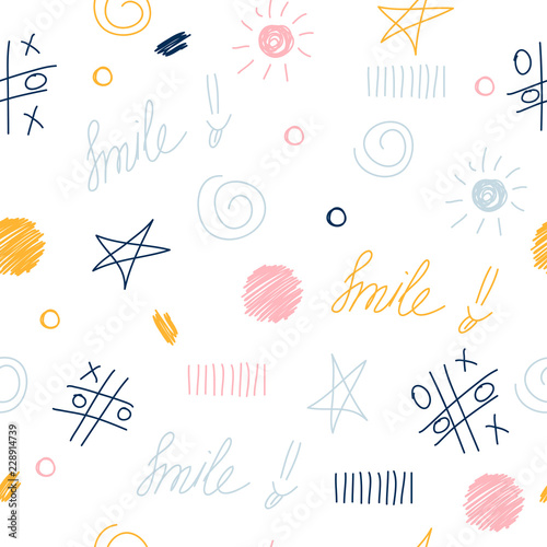 Abstract handmade seamless pattern background. Childish handcrafted wallpaper for design card, baby nappy, diaper, scrapbook, holiday wrapping paper, textile, bag print, t shirt etc.