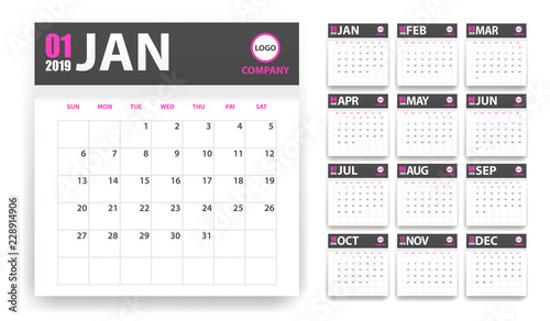 2019 calendar in paper stickers with shadow style. Grey and pink. Event planner. All size. Vector illustration