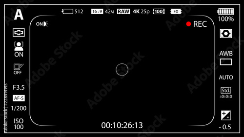 Modern digital video camera focusing screen with settings template. Black viewfinder mirrorless, DSLR or cameraphone camera recording. Vector illustration photo