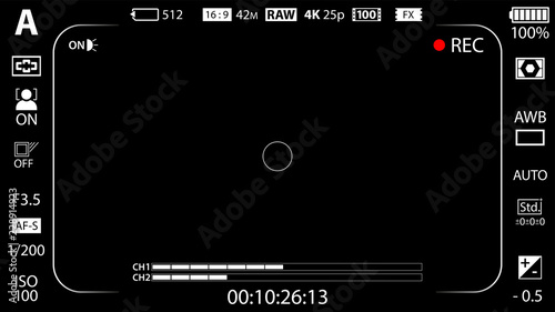 Modern digital video camera focusing screen with settings template. Black viewfinder mirrorless, DSLR or cameraphone camera recording. Vector illustration photo