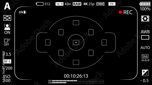 Modern digital video camera focusing screen with settings template. Black viewfinder mirrorless, DSLR or cameraphone camera recording. Vector illustration