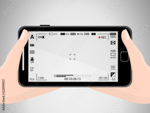Flat black modern mobile camera phone with focusing screen with settings isolated. Camera recording. Vector illustration