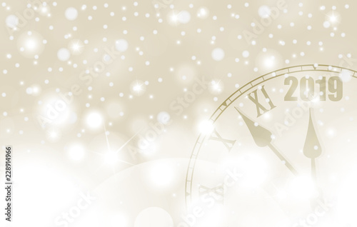 Golden New Year and Christmas 2019 concept with vintage clock in white style. Vector illustration