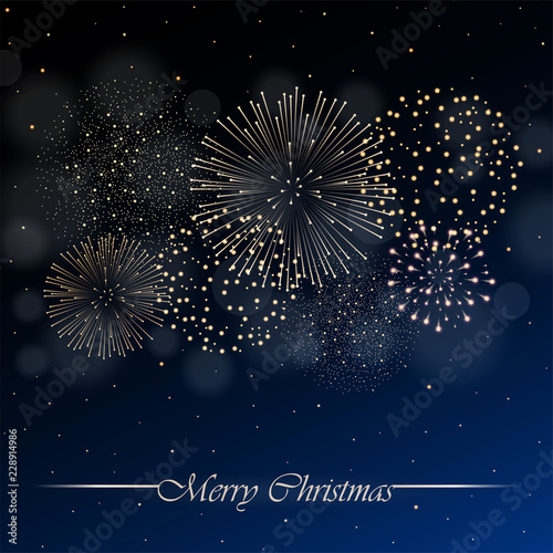 Firework show on blue night sky background with glow and sparkles. Christmas concept. Invitation, card, party background. Vector illustration