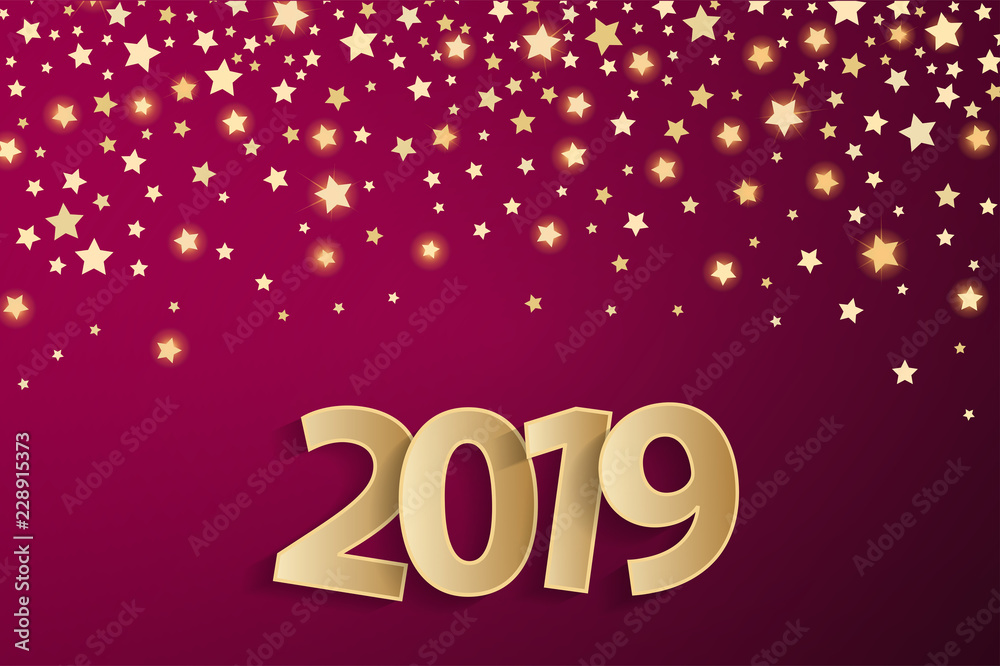 Purple Happy New Year 2019 greeting card concept with golden paper cuted white numbers. Vector illustration Purple Happy New Year 2019 greeting card concept with golden paper cuted white numbers. Vector illustration