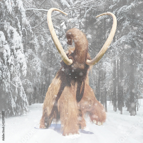 woolly mammoth walking through a forest during a snow storm, prehistoric mammal in ice age landscape