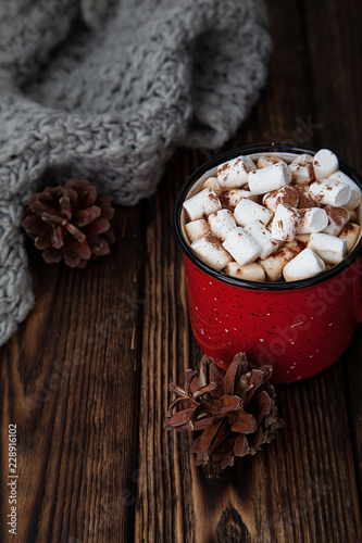 red Cup with marshmallow on wooden new year background