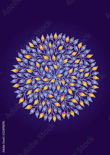 Mandala of leaves. Spiritual symbol. Colorful bright colors on a blue background. Vector graphic drawing.