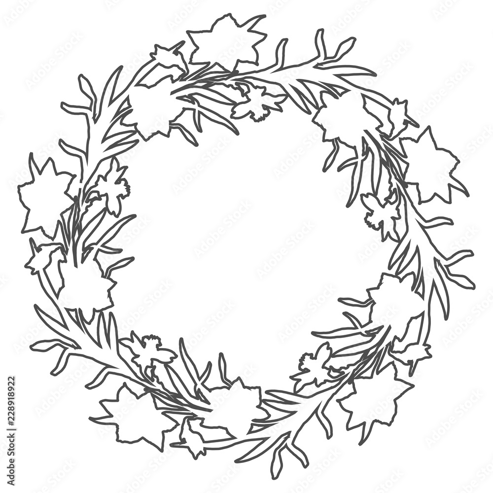 Floral circle wreath border with countour hand drawn flowers narcissus. Floral circle wreath border with countour hand drawn flowers narcissus.
