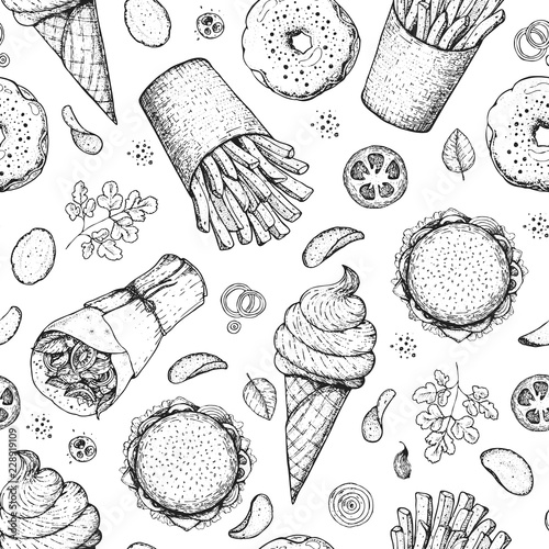 Fast food. Menu seamless pattern. Hand drawn sketch for menu. Vector illustration. Junk food set. Engraved style illustration. Vintage menu design.