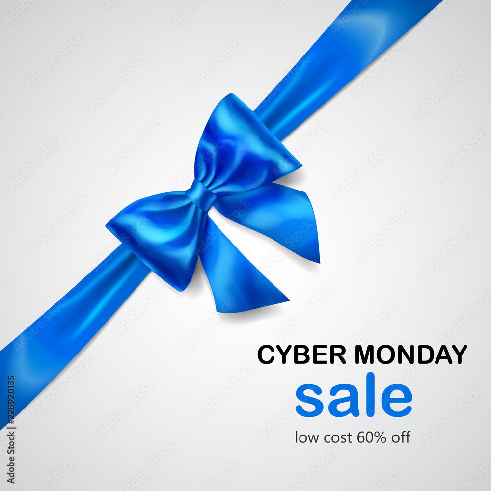 Blue bow with diagonally ribbon with shadow and inscription Cyber Monday Sale on white background Blue bow with diagonally ribbon with shadow and inscription Cyber Monday Sale on white background