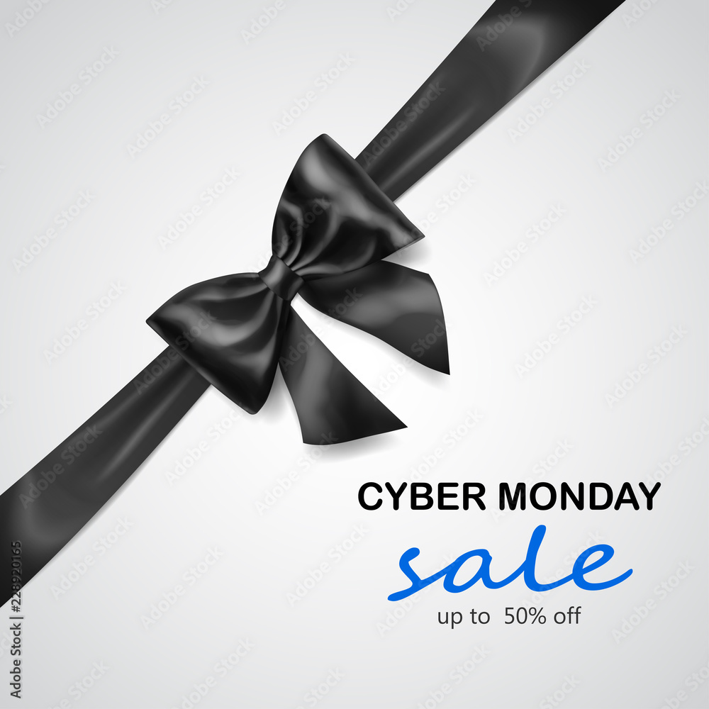Black bow with diagonally ribbon with shadow and inscription Cyber Monday Sale on white background Black bow with diagonally ribbon with shadow and inscription Cyber Monday Sale on white background