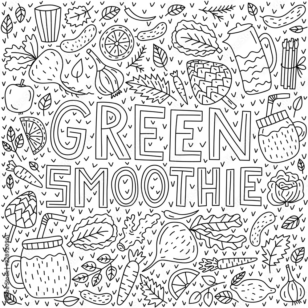 Green smoothie. Lettering with fruit and veggy doodles