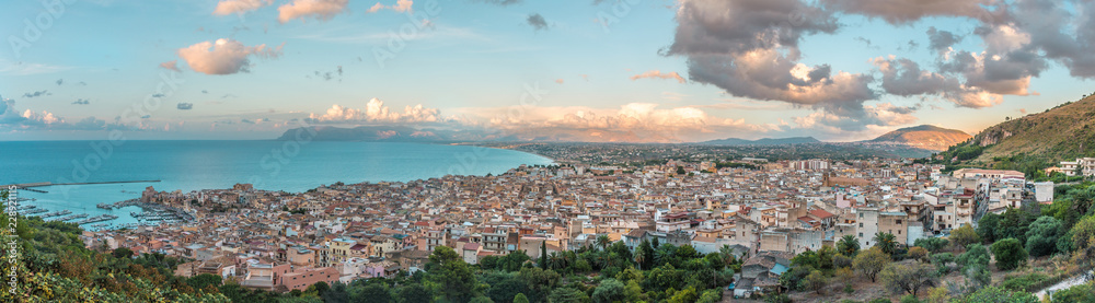Port of Castellammare del Golfo town and Ethno Anthropology Museum, Sicily, Italy, Tyrrhenian sea, Europe. Beautiful coastal town at sunset. Picturesque sunset, mountain landscape. 