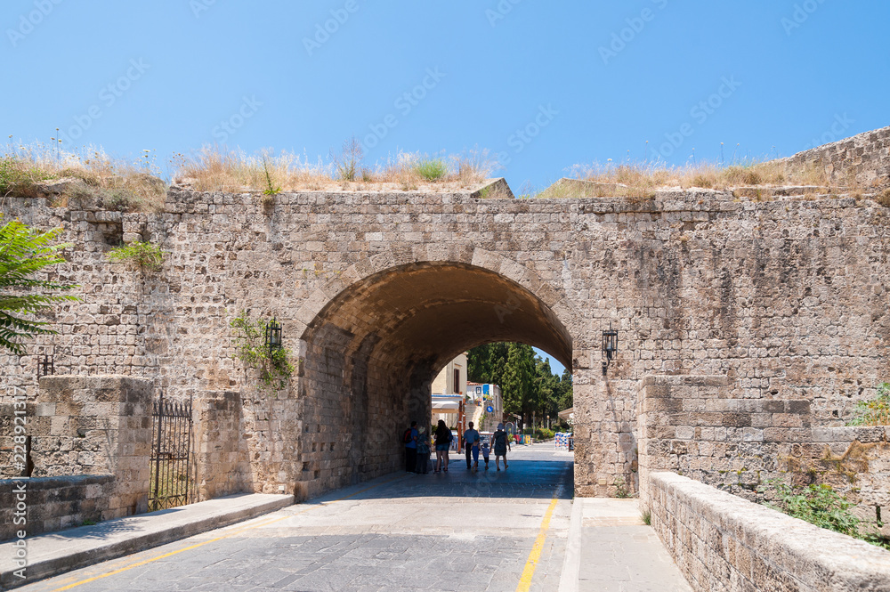Medieval city wall to Rhodes, Old Town, Island of Rhodes, Greece, Europe.