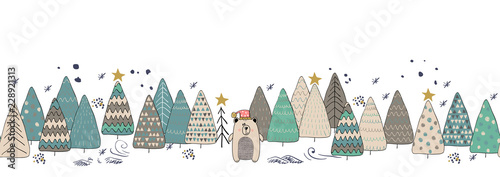 Winter forest christmas seamless background with cute bear.