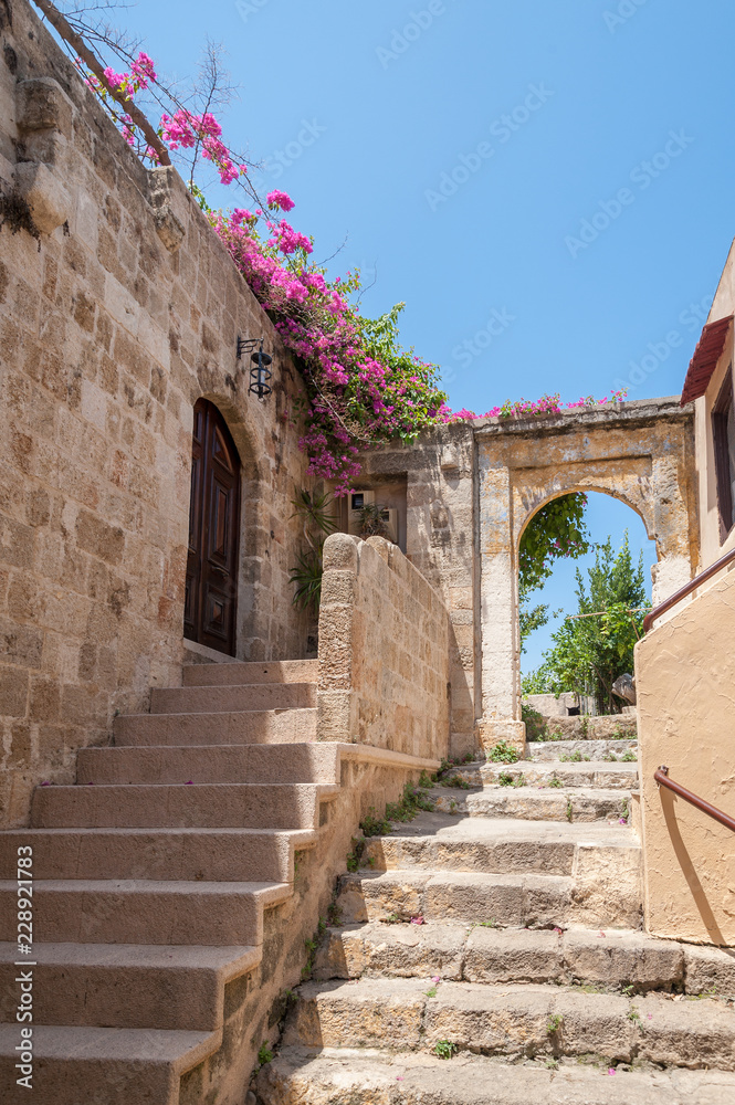 Residential dwellings in old town.  Rhodes, Old Town, Island of Rhodes, Greece, Europe.