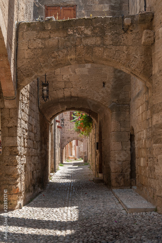 Residential alley and dwellings in old town.  Rhodes  Old Town  Island of Rhodes  Greece  Europe.