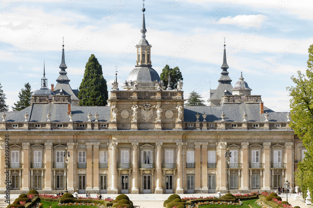 facade of royal palace of la granja de san ildefonso in the province of segovia, spain