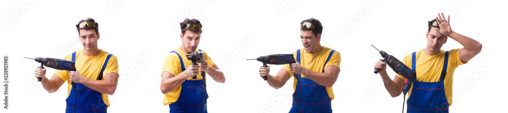 Contractor employee with hand power drill on white background Contractor employee with hand power drill on white background