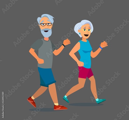 Senior age couple running. Cool vector flat character design on elderly man and woman jogging.
