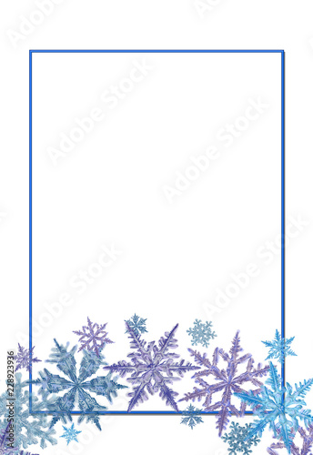 Frame Template Decorated with Snowflake Wreath. Text Space Isolated on White. Christmas, New Year, and Winter Holidays Print, Card, Invitation, Announcement, Advertisement etc.