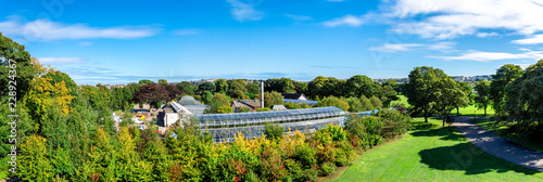 A panoramic view of David Welch Winter Gardens and Duthie Park from top of the Mound (artificial hill), Aberdeen, Scotland