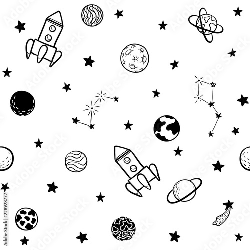 Childish seamless pattern. hand drawn elements space, rocket, star, planet, space probe. Trendy kids vector illustration for wrapping, poster, web design, kids fabric, textile, nursery wallpaper.