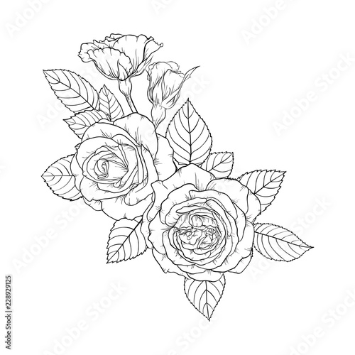 beautiful black and white bouquet rose and leaves. Floral arrangement isolated on background. design greeting card and invitation of the wedding, birthday, Valentine s Day, mother s day, holiday.