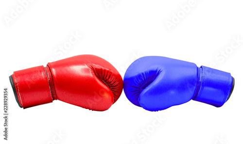Boxing gloves Red and Blue hitting together isolated on white background with clipping path © CHALERMCHAI