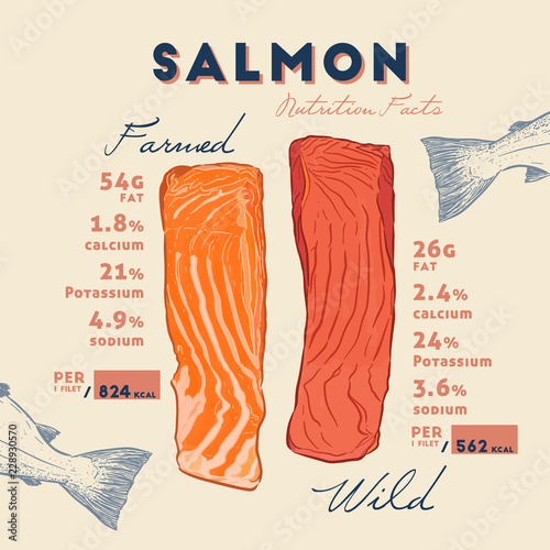Nutrition fact of Wild and farmed salmon.
