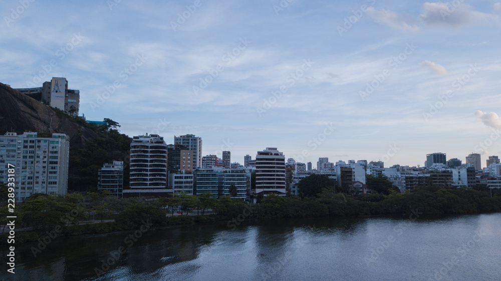aerial view of the drone of the lagoon in rio de janeiro and copacabana, at dusk aerial view of the drone of the lagoon in rio de janeiro and copacabana, at dusk
