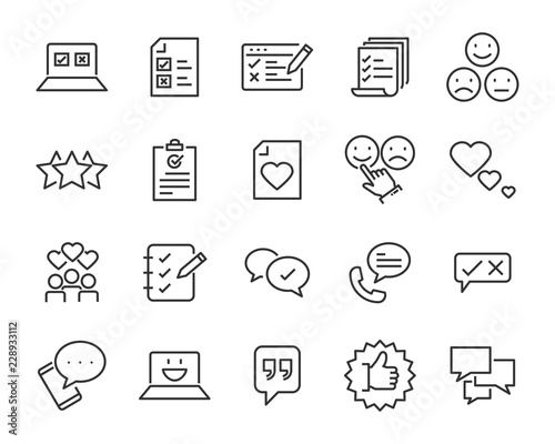 set of feedback line icons, such as, question, review, test, app