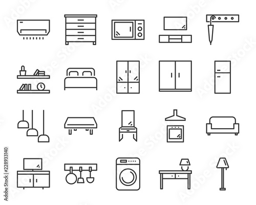 set of  furniture icons, such as bed, chair, desk