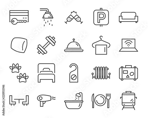 set of hotel icons, such as, bed, domitory, apartment, furniture, booking