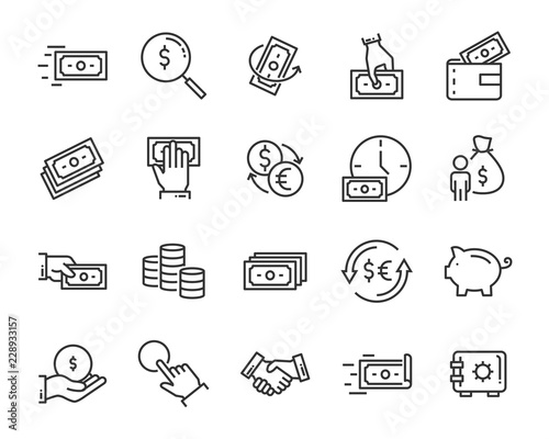 set of money line icons, such as currency, finance, digital, percent