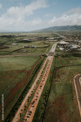 Long Countryside Road Aerial Landscape from Maui Hawaii Helicopter