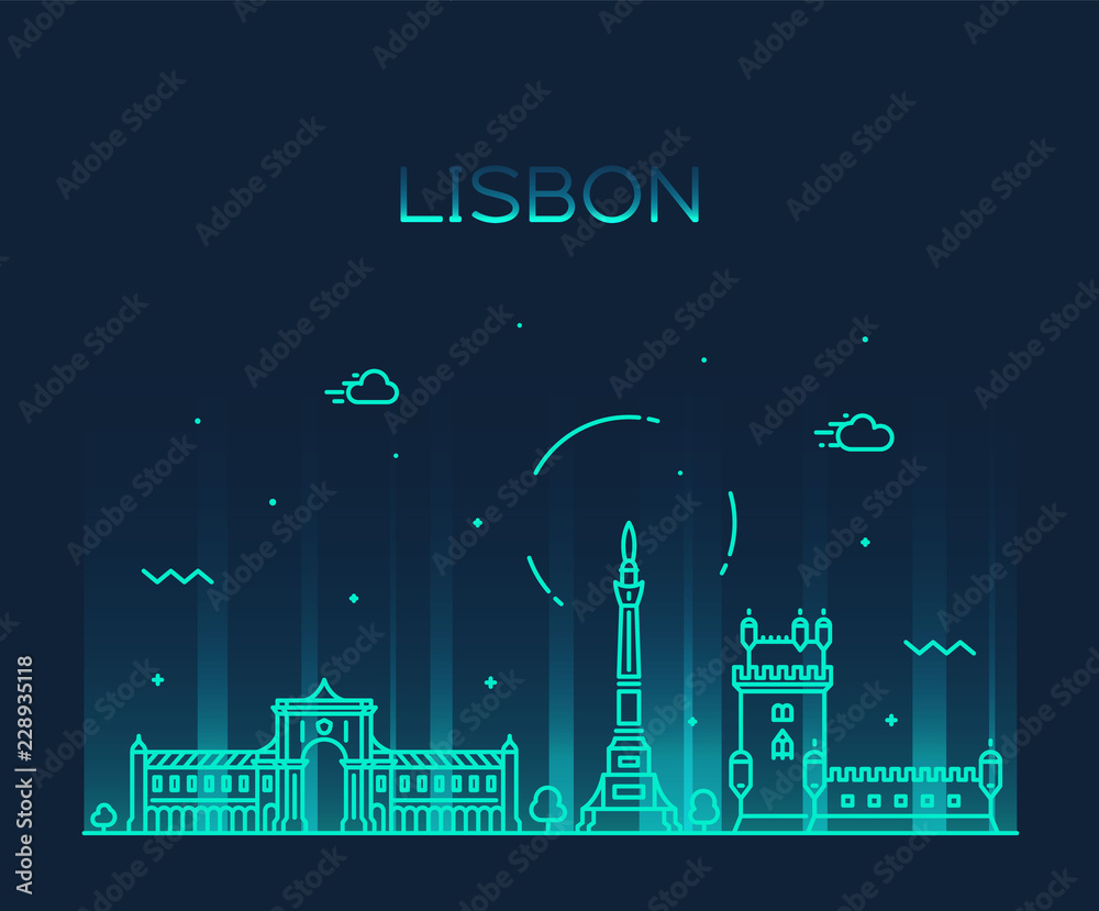 Lisbon city skyline, Portugal vector linear style