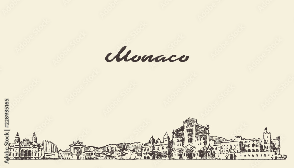 Monaco skyline, vintage vector city drawn sketch