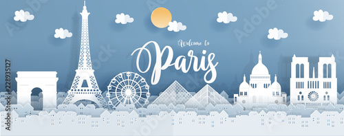 Travel poster with Paris  France famous landmarks in paper cut style. Vector illustration.
