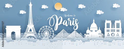 Travel poster with Paris, France famous landmarks in paper cut style. Vector illustration.