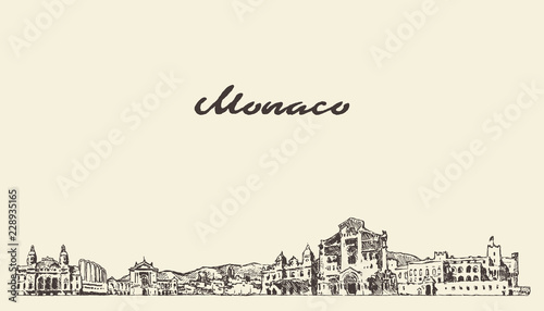 Monaco skyline, vintage vector city drawn sketch